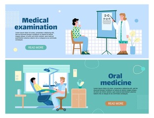 Wall Mural - Set of horizontal banners for medical clinic offering vision and dental check-up, flat vector illustration. Patients visiting an ophthalmologist and dentist.