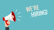 We hiring now banner job offer vector background. Hiring promotion megaphone employee illustration