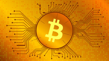 Wall Mural - Bitcoin cryptocurrency token symbol, BTC coin icon in circle with pcb on gold background. Digital gold in techno style for website or banner. Vector EPS10.