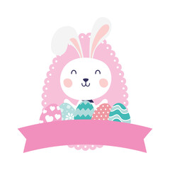 Poster - cute rabbit with eggs painted happy easter character