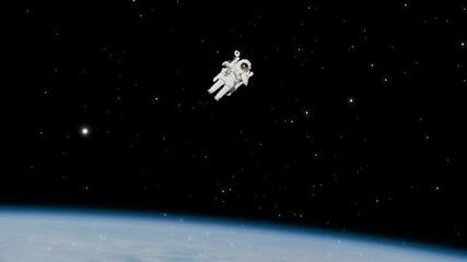 Wall Mural - Video of an astronaut flying in space as stars or cosmic objects flyby.