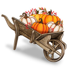 Rustic Watercolor Vintage Wheelbarrow With Colorful Pumpkins And Autumn Leaves