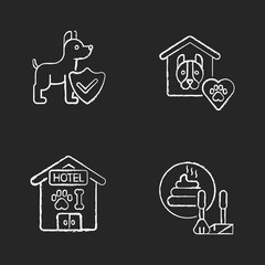 Wall Mural - Animal welfare chalk white icons set on black background. Dog hotel, animal shelter, poop scooping and life insurance. Different services for pet owners. Isolated vector chalkboard illustrations