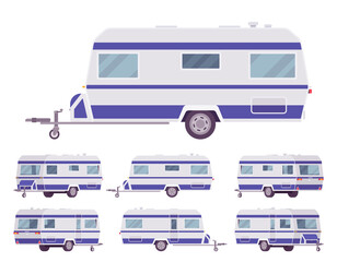 Wall Mural - RV vintage style camper, travel trailer for outdoor adventures. Functional vacation van, camping experience and caravanning family lifestyle. Vector flat style cartoon illustration, different views