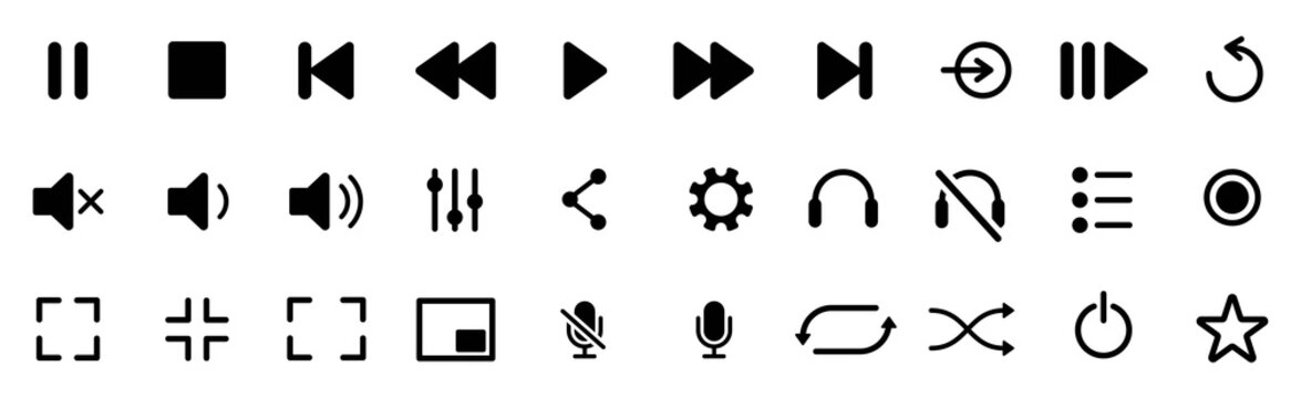 media player icons set. collection of multimedia symbols and audio, music speaker volume, interface,