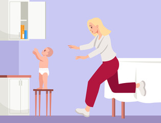 Poster - Interested child reaches out for cereal box semi flat vector illustration. Mom runs to help. Accidental childhood injuries. Household accidents 2D chartoon characters for commercial use