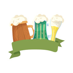 Wall Mural - saint patrick celebration beers in wooden jars and glass ribbon frame