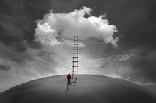 Man In Front Of A Cloud With A Wooden Ladder