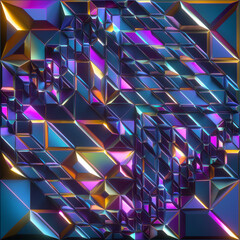 Wall Mural - 3d render, abstract faceted background, geometrical crystallized wallpaper, modern fashion concept, iridescent blue yellow pink metallic texture