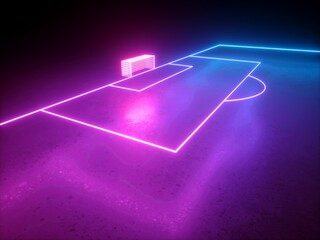 3d render, neon football playground, soccer field perspective angle view, virtual sportive game, pin