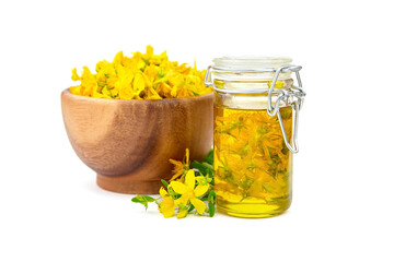 Wall Mural - Herbal infusion of Hypericum perforatum or St johns wort flowers isolated on white