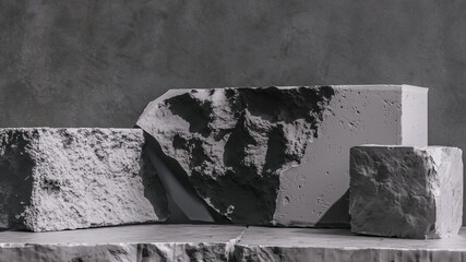 Aufkleber - Marble Stone pieces grunge wall background, debris stone slabs for product display, rough geometric shapes of rock. 3d  rendering.
