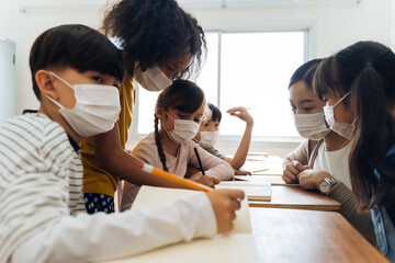 Wall Mural - Group of diverse students in school building discussing in group study class. Elementary pupils are wearing a face mask while brainstorming. Covid-19 school reopen concept