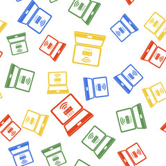 Poster - Color Laptop and free wi-fi wireless connection icon isolated seamless pattern on white background. Wireless technology, wi-fi connection, network, hotspot concepts. Vector.