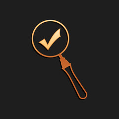Poster - Gold Magnifying glass and check mark icon isolated on black background. Magnifying glass and approved, confirm, done, tick, completed symbol. Long shadow style. Vector.
