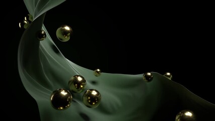 Poster - 3d render of realistic folded curvy fabric cloth with gold metal spheres. Abstract composition.

