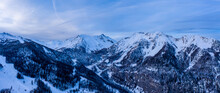 Panoramic Aerial View Of Snowy Mountains In Les Orres, France