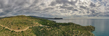 Panoramic Aerial View Of The Shore Of The Bay On Cloudy Day In Roses, Spain