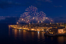 Aerial View Of Fireworks Over The Valletta Skyline In Malta, Happening At The Grand Harbour