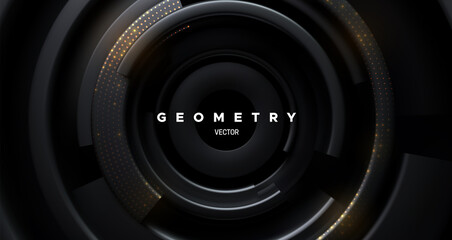 Poster - Black radial backgrop with golden glitters. Abstract background. Concentric black shapes with shimmering particles. Vector 3d illustration. Futuristic cover design. Minimalist broadcast style concept.