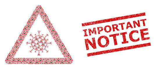 Fractal mosaic viral warning and Important Notice dirty stamp seal. Vector mosaic is made with repeating viral warning elements. Stamp includes Important Notice caption between parallel lines.