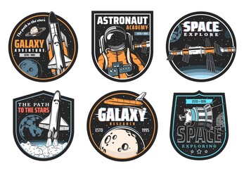 Poster - Galaxy research, space explore and astronaut mission icons. Shuttle launch vehicle and orbiter flying in galaxy, satellite or telescope discovering planets and stars, space station module vector badge
