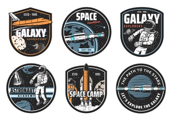 Poster - Galaxy explorer, space travel and astronaut academy icons. Shuttle spaceship, space station on Earth orbit and astronaut in weightlessness, launching rocket and solar system planets vector emblem