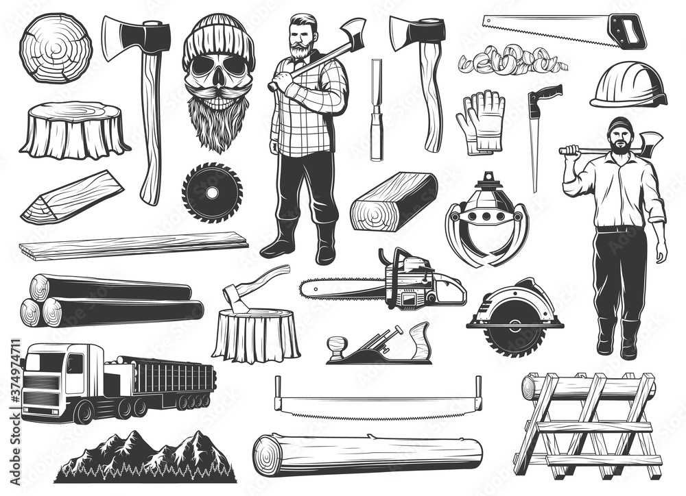 Lumberjack, lumbering and logging wood icons, lumber and forestry industry, vector. Lumberjack logger woodwork man skull beard in hat, woodcutter axe, saw and logging machine, tree logs and stumps - obrazy, fototapety, plakaty 