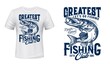 Northern pike on hook t-shirt vector print. Pike with opened maw, catching fishing rod hook engraved illustration and retro typography. Sport or recreational fishing club member clothing design mockup