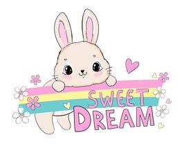 Hand drawn cute rabbit and rainbow with flowers and hearts and handwritten phrase sweet dream isolated on white background vector illustration beautiful childish print