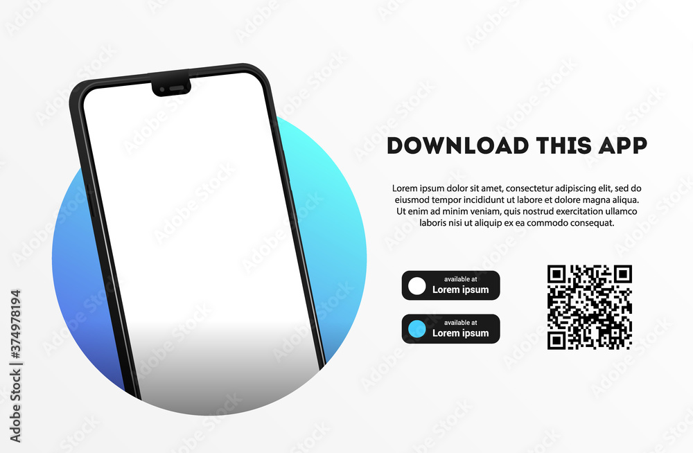 Download page of the mobile app mock up. Empty screen smartphone for you app. Download buttons. Vector illustration. - obrazy, fototapety, plakaty 