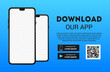 Download page of the mobile app mock up. Empty screen smartphone for you app. Download buttons. Vector illustration.