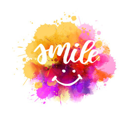 Canvas Print - Smile - handwritten modern calligraphy lettering on colorful watercolor splash. Happy concept