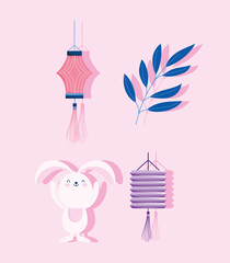 Sticker - happy mid autumn festival, rabbit lantern branch decoration, blessings and happiness