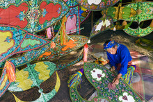 Asia, Malaysia, Kelantan State, Kota Bharu, Master Kite-maker Constructing His World Famous Kites