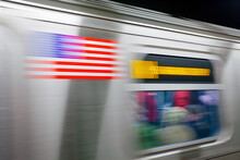 United States Of America, New York, New York City, Manhattan, Subway Station And Train In Motion