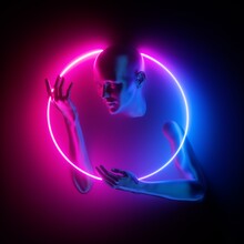 3d Render, Woman Portrait Inside Round Blue Pink Neon Frame, Mannequin Body Parts, Ultraviolet Light Glowing Ring. Bald Head, Beautiful Female Face, Hands. Minimal Fashion Concept
