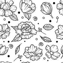 Naklejka na meble Seamless vector vintage pattern with bouquet of flowers on a white background. Peonies, roses, sweet peas, bell. Monochrome