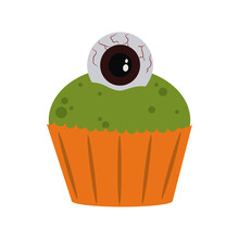 Happy Halloween, Creepy Sweet Cupcake With Eye Trick Or Treat Celebration Flat Icon Style