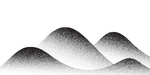 Dotwork mountain pattern vector background. Black noise stipple dots. Sand grain effect. Dots grunge banner. Abstract noise dotwork pattern. Stipple circles. Stochastic dotted vector background.