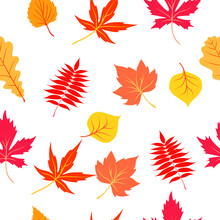 Seamless Pattern Of Autumn Leaves. Autumn Nature Pattern On Dark Blue Background. Decorative Leaves Vector Illustration. Cute Forest Background With Trees. Scandinavian Style Design For Texti