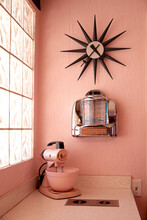 Vintage Kitchen With Pink Appliances. 