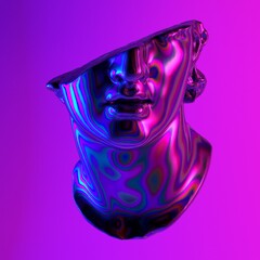 3D rendered illustration of a fragmentary colossal head made of iridescent holographic material in neon light.