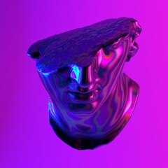 Poster - 3D rendered illustration of a fragmentary colossal head made of iridescent holographic material in neon light.