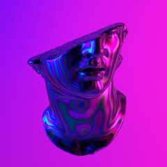 Poster - 3D rendered illustration of a fragmentary colossal head made of iridescent holographic material in neon light.