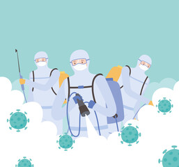 Canvas Print - virus disinfection, men in protective suit spraying disinfectant to cleaning, covid 19 coronavirus, preventive measure