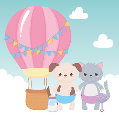 Wall Mural - baby shower, cute dog and cat with diaper rattle and air balloon, celebration welcome newborn