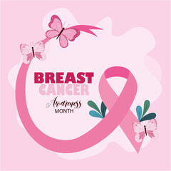 breast cancer awareness month beautiful butterfly flying ribbon pink vector