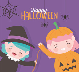 Canvas Print - happy halloween, little girls witch and pumpkin costume character trick or treat, party celebration