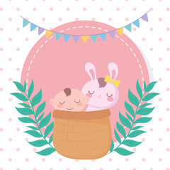 Sticker - baby shower, little boy and rabbit in basket, celebration welcome newborn